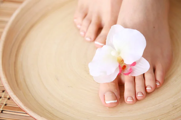 El cuidado de las piernas de mujer hermosa con flor. Hermosa mujer piernas — Foto de Stock