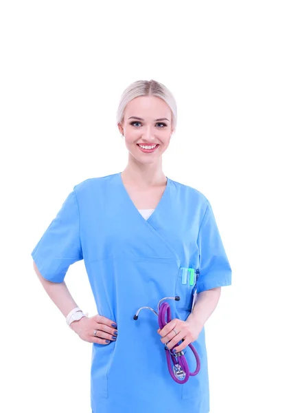 Portrait of female doctor standing against isolated on white background — Stock Photo, Image