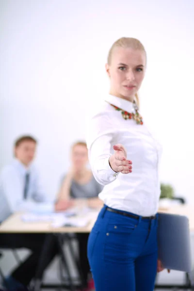 Businesswoman shaking hands in office . Businesswoman — Stock Photo, Image