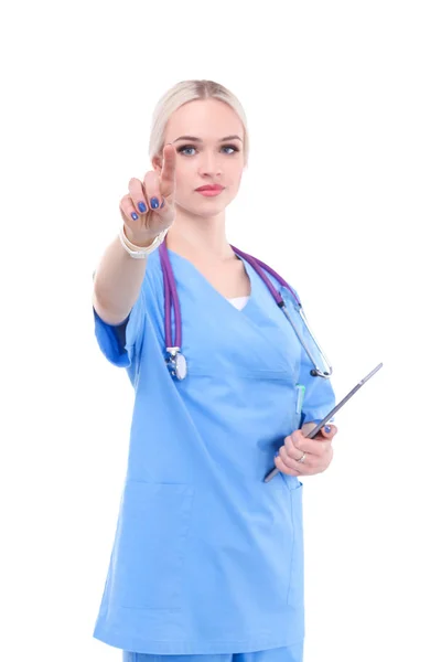 Médico femenino usando una tableta digital y de pie sobre fondo blanco. Mujeres doctores. —  Fotos de Stock