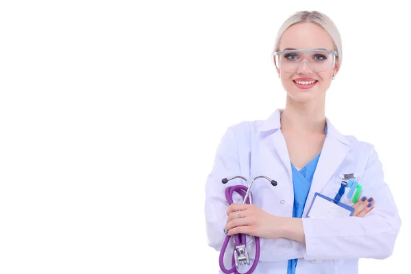 Portrait of female doctor standing against isolated on white background. Woman doctor. — Stock Photo, Image