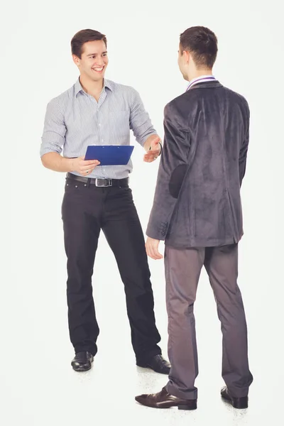 Ganzkörperporträt zweier Geschäftsleute, die zusammen stehen — Stockfoto