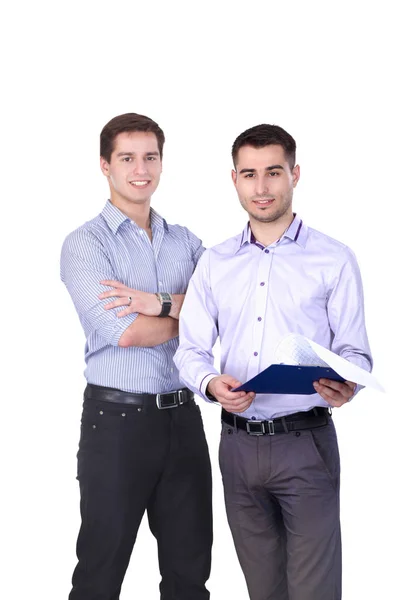 Ganzkörperporträt zweier Geschäftsleute, die zusammen stehen — Stockfoto