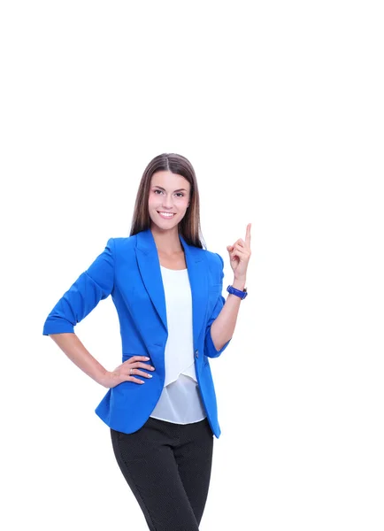 Retrato de una joven mujer de negocios señalando — Foto de Stock