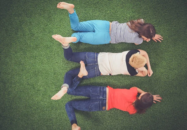 年轻的妇女躺在绿色的草地上。年轻妇女 — 图库照片