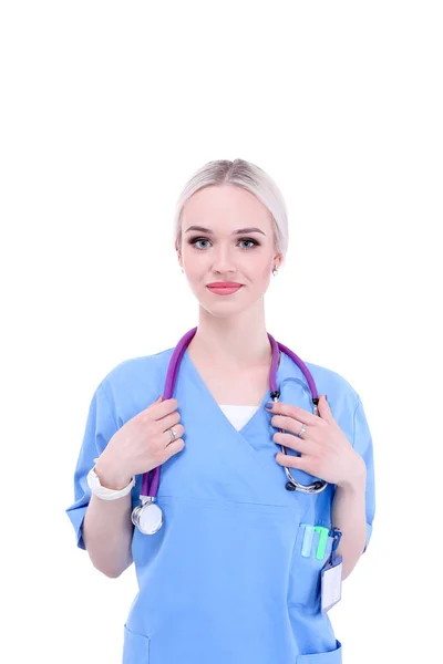 Retrato de doctora de pie contra aislada sobre fondo blanco. Mujer doctora. —  Fotos de Stock