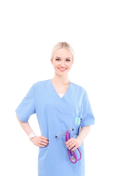 Porträt einer Ärztin, die isoliert vor weißem Hintergrund steht. Ärztin. — Stockfoto