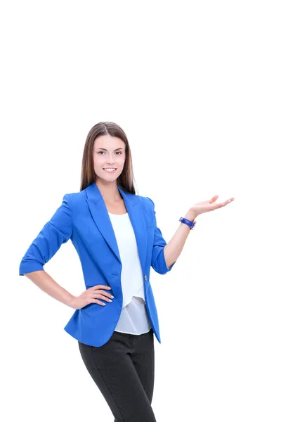 Portrait of young business woman pointing — Stock Photo, Image