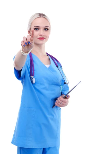 Female doctor using a digital tablet and standing on white background. Woman doctors. — Stock Photo, Image