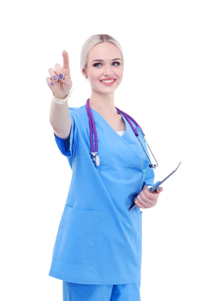 デジタルタブレットを使用して白い背景に立っている女性医師。女性医師. — ストック写真