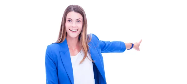 Portrait of young business woman pointing isolated on white background — Stock Photo, Image