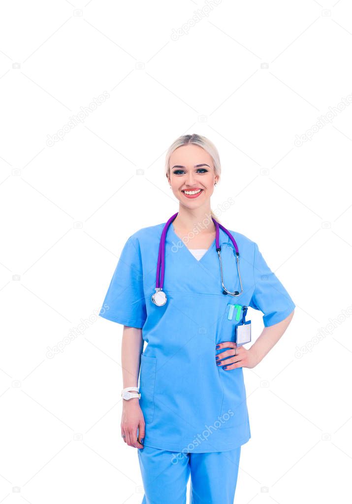 Portrait of female doctor standing against isolated on white background. Woman doctor.