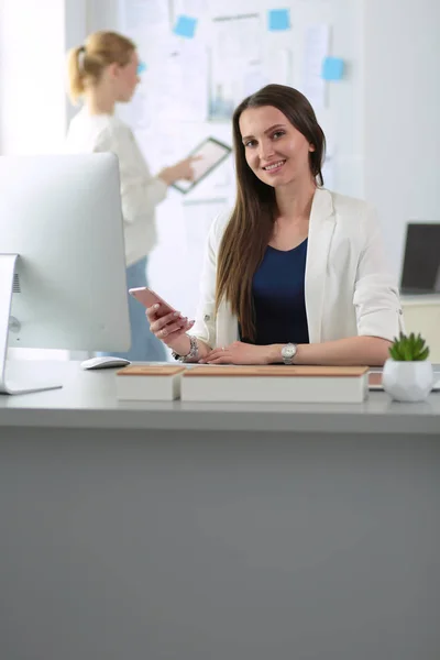 Belle femme d'affaires travaillant sur ordinateur portable au bureau. Hommes d'affaires — Photo