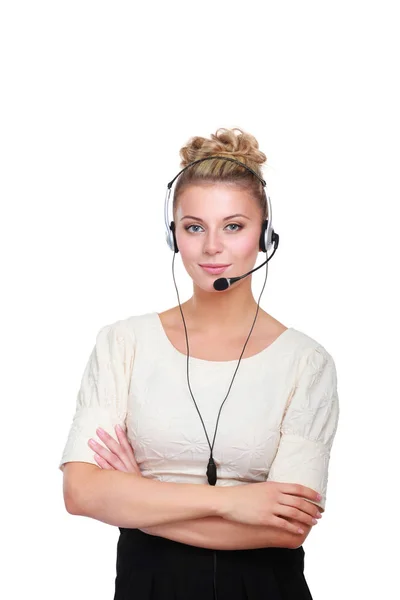 Businesswoman wearing headset standing on white background — Stock Photo, Image