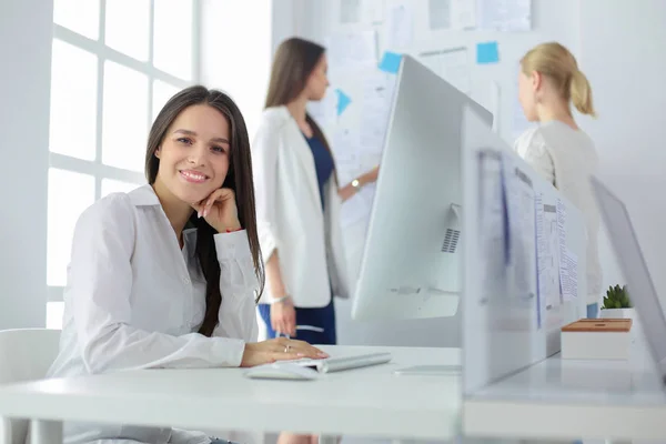 Mulher de negócios atraente trabalhando no laptop no escritório. Empresários — Fotografia de Stock