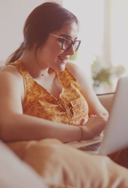 Evde dizüstü bilgisayar üzerinde çalışan kanepede oturan genç kadın