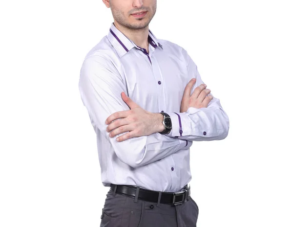 Standing man smiling while crossing his arms and against white background — Stock Photo, Image