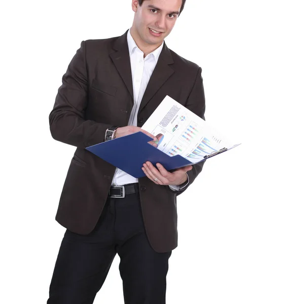 Young man standing with folder, isolated on white background — Stock Photo, Image