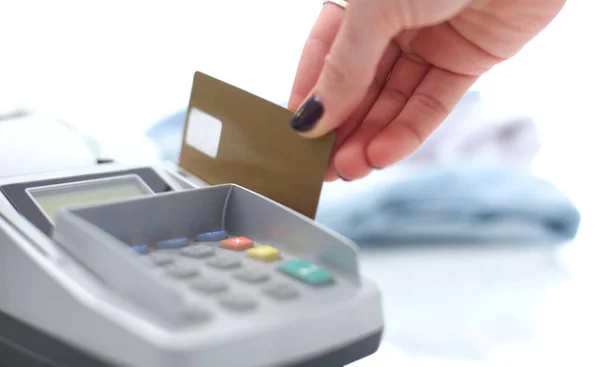 クレジット カード決済は、商品サービスを売買します。クレジット カードでの支払い — ストック写真