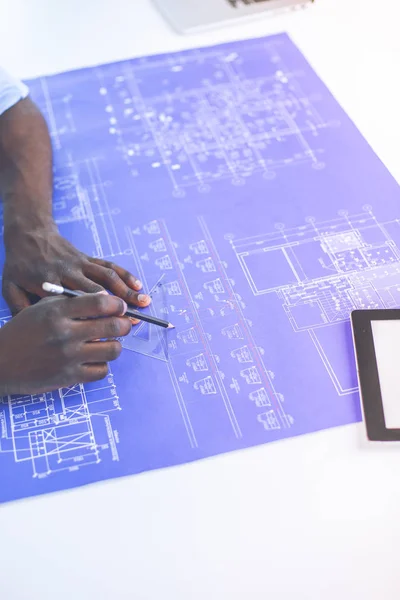 African american architect working with computer and blueprints in office — Stock Photo, Image