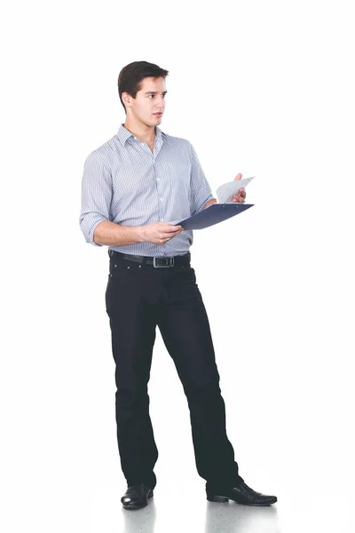 Young man standing with folder, isolated on white background — Stock Photo, Image