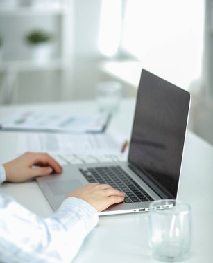 Ofis çalışanı adamın dizüstü bilgisayar kullanarak ofis masasında oturan portresi