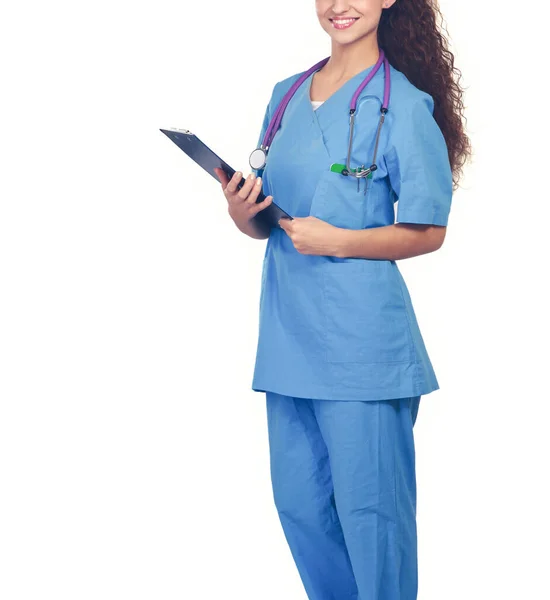 Portrait doctor or medic in a mask with folder and stethoscope isolated on grey background. — Stock Photo, Image