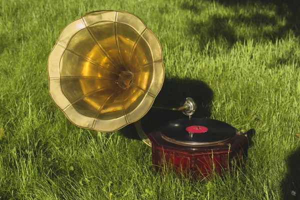 Old Vintage Gramophone Grass — Stock Photo, Image