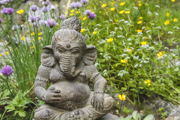 Ganesh Kivi Patsas Keväällä Puutarhassa Kukkia — kuvapankkivalokuva