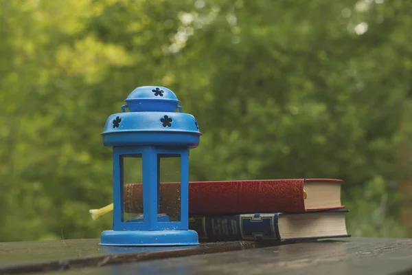 Bücher Und Blaue Lampe Auf Einem Holztisch Garten — Stockfoto