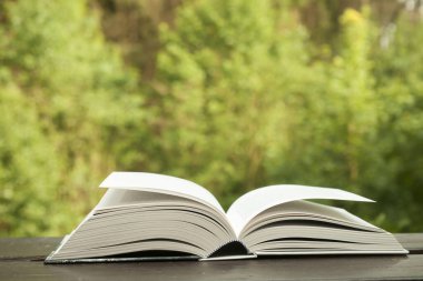 Doğadaki ahşap bir masada açık bir kitap, yeşil bulanık bir arka plan. 