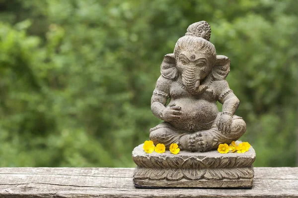 Stenen Standbeeld Van Ganesha Met Gele Bloemen Groene Wazige Nat — Stockfoto