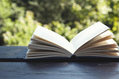Bahçedeki ahşap masada eski bir kitap. 