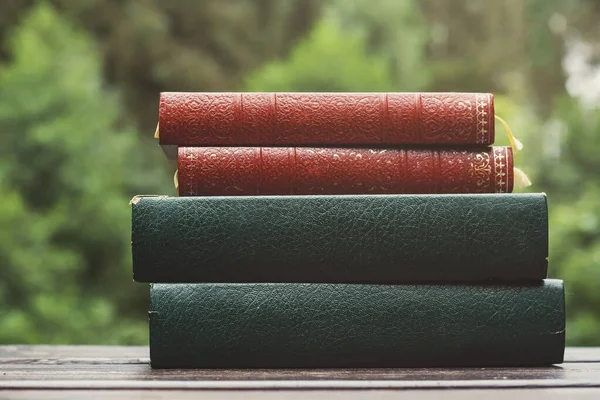 old books in a garden table