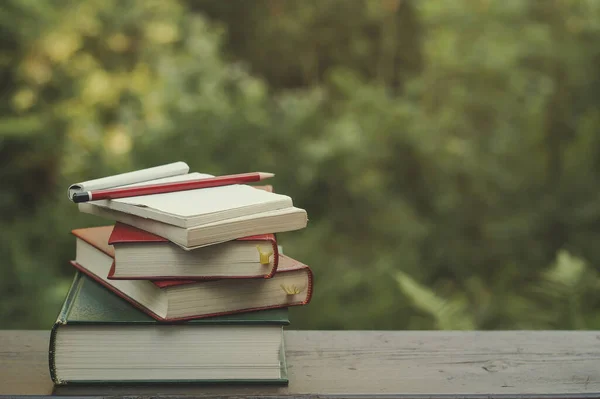 Mucchio Libri Tavolo Legno Giardino Sfondo Verde Natura — Foto Stock