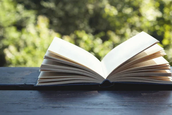 Oude Opwn Boek Tuin Houten Tafel — Stockfoto