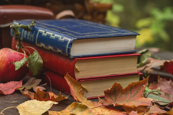 Eski kitaplar ve düşen sonbahar yaprakları.