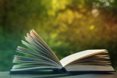 Bahçe masasında açık bir kitap 