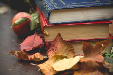 Sonbaharda açık havada tahta bir masanın üzerinde eski kitaplar. 