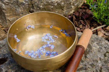 Yüzen mavi çiçekli Tibet kâsesi