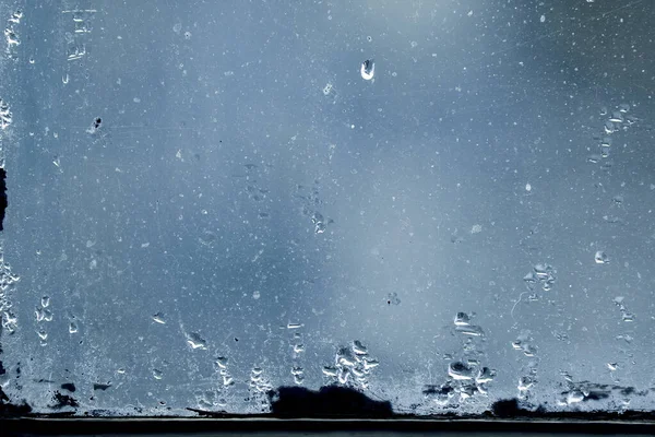 Vidro Sujo Com Gotas Condensação Vapor Água Abtra Azul Frio — Fotografia de Stock