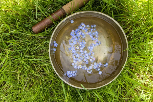 Bol Tibétain Aux Fleurs Bleues Flottant Sur Eau — Photo