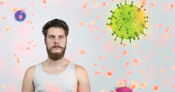 Ein Mann, der von einem Coronavirus umgeben ist. Epidemisches Covid-19. — Stockvideo