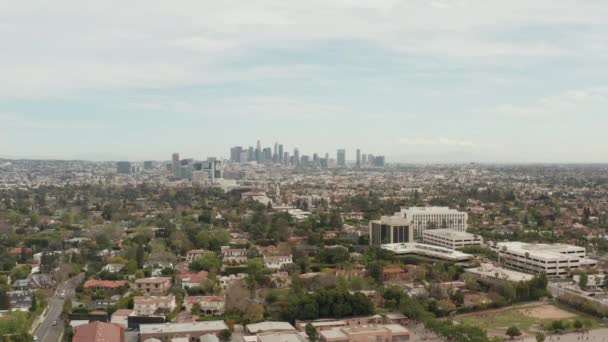 АЭРИАЛ: вид на Лос-Анджелес, штат Калифорния, с центром города на заднем плане и зелеными деревьями и цветами в пасмурный день — стоковое видео