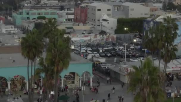 AERIAL: Sobre Venice Beach Boardwalk con visitantes y palmeras, Sunset, Los Ángeles, California — Vídeo de stock