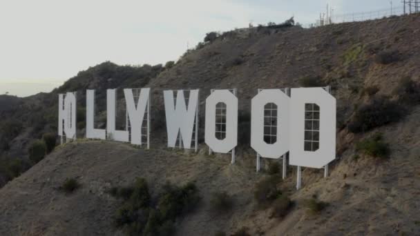 AERIAL: Close up of Hollywood Sign Letters at Sunset, California — 비디오