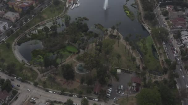 AERIAL: Close Up on Echo Park Lake em Los Angeles com palmeiras no dia nublado — Vídeo de Stock