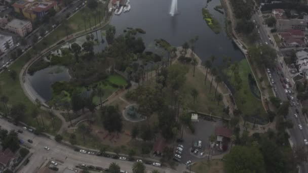 AERIAL: Close Up on Echo Park Lake in Los Angeles with Palm Trees on Cloudy Day — стокове відео