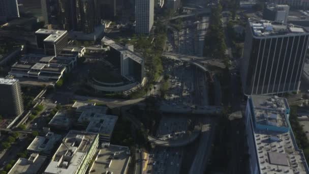 AERIAL: Downtown Los Angeles, California intersection traffic with palm trees and Skyline in background at beautiful blue sky and sunny day — 图库视频影像