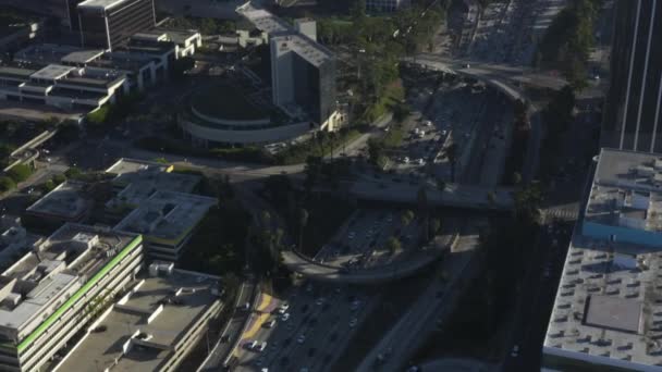 AERIAL: Centrum Los Angeles, Kalifornie křižovatka provozu s palmami a Skyline v pozadí na krásné modré obloze a slunečný den — Stock video